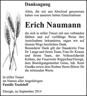 Traueranzeige von Erich Naumann von Super Sonntag Dessau / Köthen