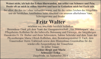 Traueranzeige von Fritz Walter von WVG - Wochenspiegel Merseburg