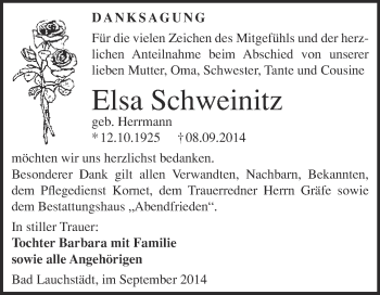 Traueranzeige von Elsa Schweinitz von WVG - Wochenspiegel Merseburg