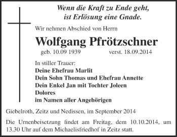 Traueranzeige von Wolfgang Pfrötzschner von Super Sonntag Zeitz