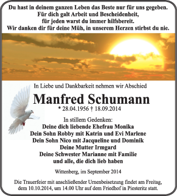 Traueranzeige von Manfred Schumann von WVG - Wochenspiegel Wittenberg