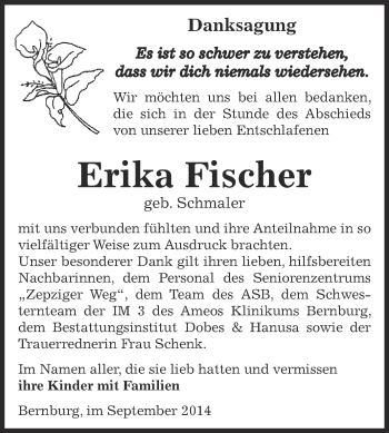Traueranzeige von Erika Fischer von Super Sonntag Bernburg