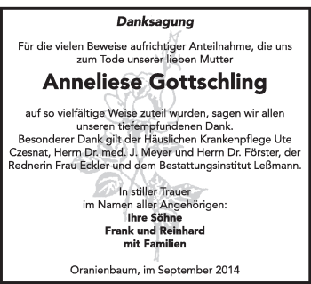 Traueranzeige von Anneliese Gottschling von WVG - Wochenspiegel Wittenberg
