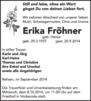 Traueranzeige von Erika Fröhner von WVG - Wochenspiegel Wittenberg