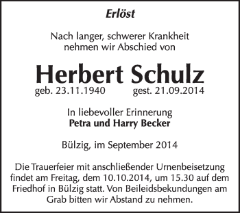 Traueranzeige von Herbert Schulz von WVG - Wochenspiegel Wittenberg