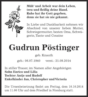 Traueranzeige von Gudrun Pöstinger von Super Sonntag Bernburg