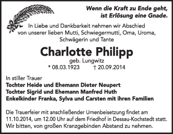 Traueranzeige von Charlotte Philipp von Super Sonntag Dessau / Köthen