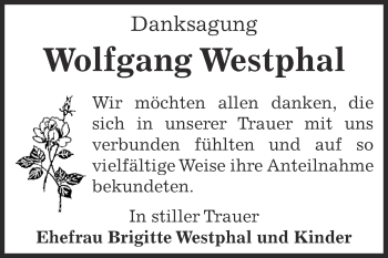 Traueranzeige von Wolfgang Westphal von Super Sonntag Bernburg