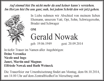 Traueranzeige von Gerald Nowak von WVG - Wochenspiegel Merseburg