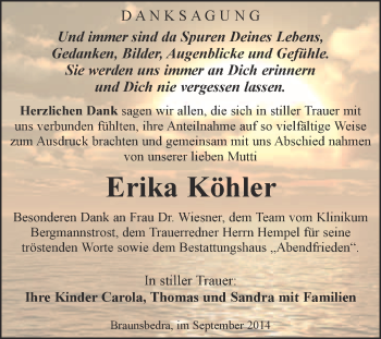Traueranzeige von Erika Köhler von WVG - Wochenspiegel Merseburg