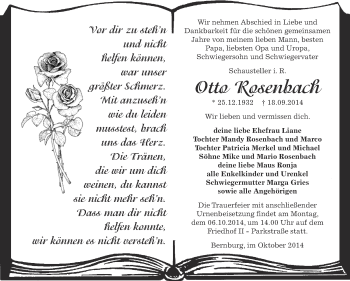 Traueranzeige von Otto Rosenbach von Super Sonntag Bernburg