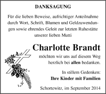 Traueranzeige von Charlotte Brandt von Super Sonntag Dessau / Köthen