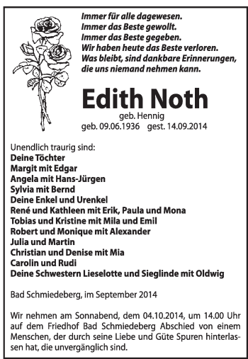 Traueranzeige von Edith Noth von WVG - Wochenspiegel Wittenberg