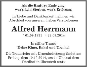 Traueranzeige von Alfred Herrmann von Super Sonntag Bernburg