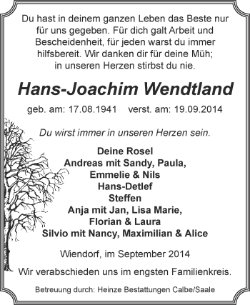 Traueranzeige von Hans-Joachim Wendtland von Super Sonntag Bernburg