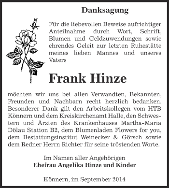 Traueranzeige von Frank Hinze von Super Sonntag Bernburg