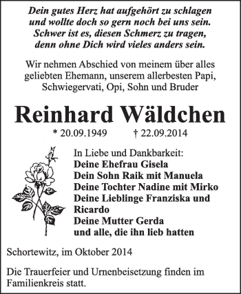 Traueranzeige von Reinhard Wäldchen von Super Sonntag Dessau / Köthen