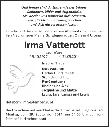 Traueranzeige von Irma Vatterott von WVG - Wochenspiegel Quedlinburg