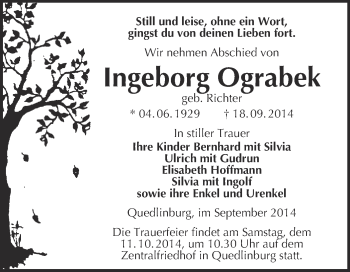 Traueranzeige von Ingeborg Ograbek von WVG - Wochenspiegel Quedlinburg