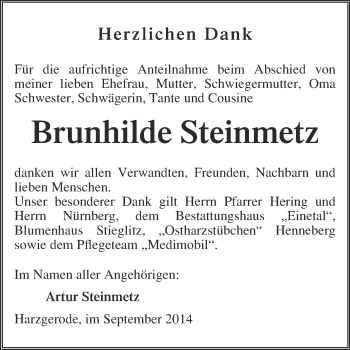 Traueranzeige von Brunhilde Steinmetz von Super Sonntag Quedlinburg