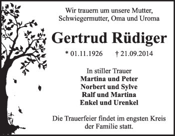 Traueranzeige von Gertrud Rüdiger von Super Sonntag Dessau / Köthen