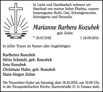 Traueranzeige von Marianne Barbera Kozubek von Super Sonntag Dessau / Köthen