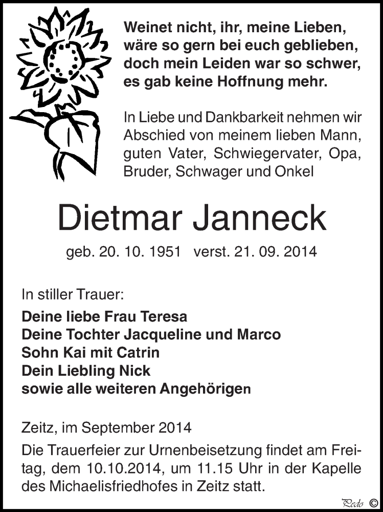  Traueranzeige für Dietmar Janneck vom 28.09.2014 aus Super Sonntag Zeitz