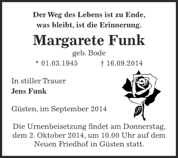 Traueranzeige von Margarete Funk von Super Sonntag Bernburg