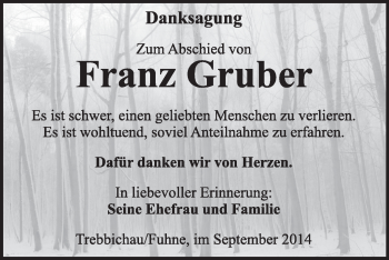 Traueranzeige von Franz Gruber von Super Sonntag Dessau / Köthen