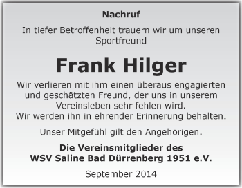 Traueranzeige von Frank Hilger von Super Sonntag Merseburg
