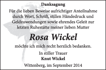Traueranzeige von Rosa Wickel von Super Sonntag Wittenberg