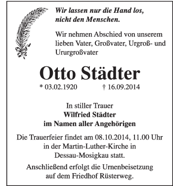 Traueranzeige von Otto Städter von Super Sonntag Dessau / Köthen