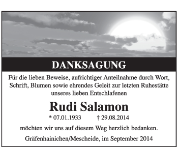 Traueranzeige von Rudi Salamon von Super Sonntag Wittenberg