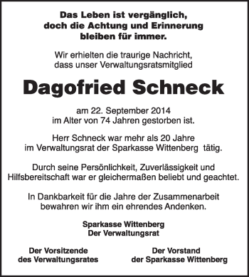 Traueranzeige von Dagofried Schneck von WVG - Wochenspiegel Wittenberg