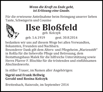 Traueranzeige von Ilse Bloßfeld von WVG - Wochenspiegel Quedlinburg