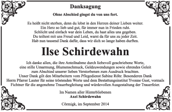 Traueranzeige von Ilse Schirdewahn von Super Sonntag Dessau / Köthen