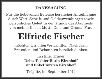 Traueranzeige von Elfriede Fischer von Super Sonntag Zeitz