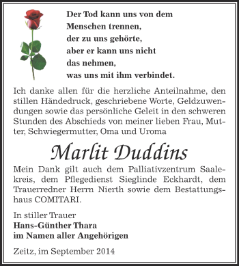 Traueranzeige von Marlit Duddins von Super Sonntag Zeitz