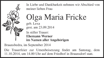 Traueranzeige von Olga Maria Fricke von WVG - Wochenspiegel Merseburg