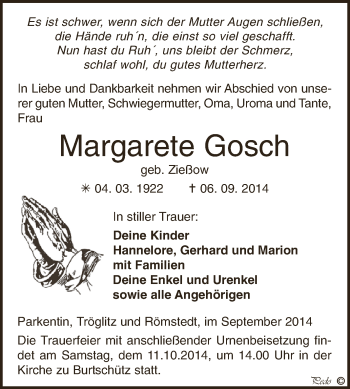 Traueranzeige von Margarete Gosch von Super Sonntag Zeitz