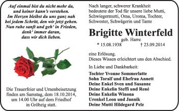 Traueranzeige von Brigitte Winterfeld von Super Sonntag Dessau / Köthen