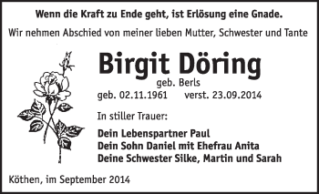 Traueranzeige von Birgit Döring von Super Sonntag Dessau / Köthen