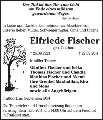 Traueranzeige von Elfriede Fischer von Super Sonntag Dessau / Köthen