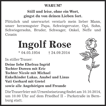 Traueranzeige von Ingolf Rose von Super Sonntag Bernburg