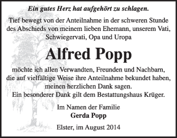 Traueranzeige von Alfred Popp von WVG - Wochenspiegel Wittenberg