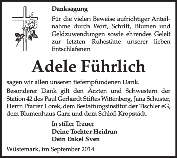 Traueranzeige von Adele Führlich von WVG - Wochenspiegel Wittenberg