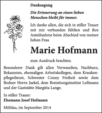 Traueranzeige von Maria Hofmann von WVG - Wochenspiegel Wittenberg