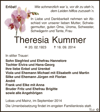 Traueranzeige von Theresia Kummer von Super Sonntag Zeitz