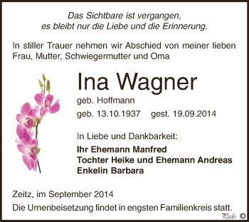 Traueranzeige von Ina Wagner von Super Sonntag Zeitz