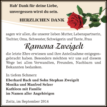 Traueranzeige von Ramona Zweigelt von Super Sonntag Zeitz